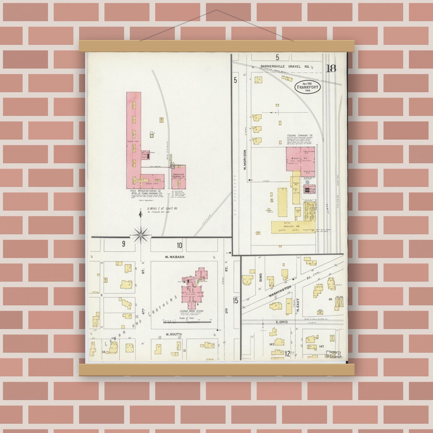 Old map wall art mockup — magnetic wood frame on brick wall — Sanborn Fire Insurance Map from Frankfort, Clinton County, Indiana (1906), Sheet #0018
