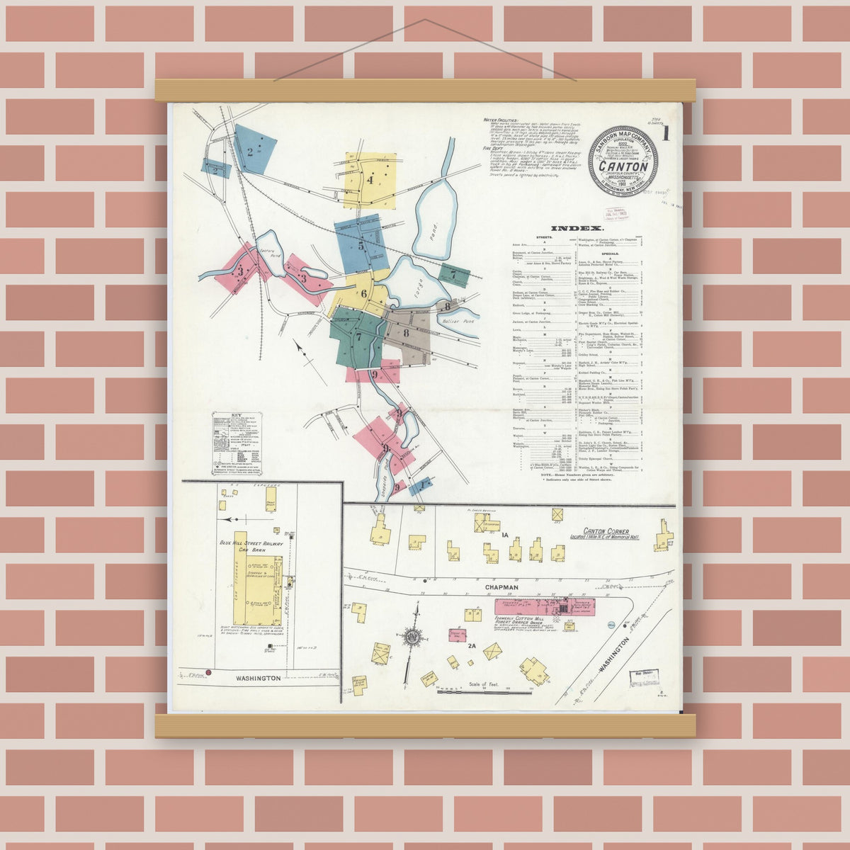 Old map wall art mockup — magnetic wood frame on brick wall — Sanborn Fire Insurance Map from Canton, Norfolk County, Massachusetts (1911) - Complete Map Set