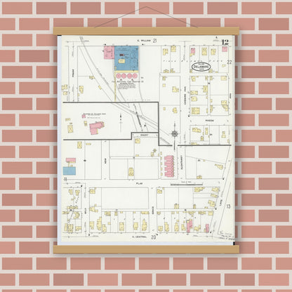 Old map wall art mockup — magnetic wood frame on brick wall — Sanborn Fire Insurance Map from Delaware, Delaware County, Ohio (1911), Sheet #0012