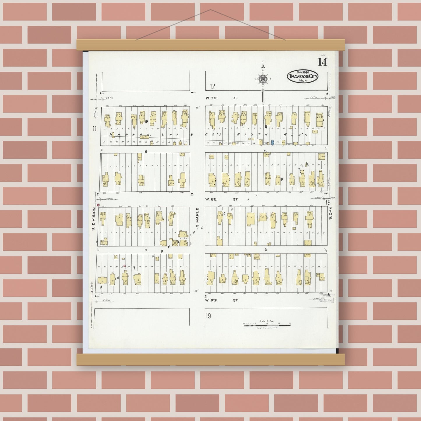 Old map wall art mockup — magnetic wood frame on brick wall — Sanborn Fire Insurance Map from Traverse City, Grand Traverse County, Michigan (1920), Sheet #0014