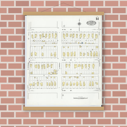 Old map wall art mockup — magnetic wood frame on brick wall — Sanborn Fire Insurance Map from Traverse City, Grand Traverse County, Michigan (1920), Sheet #0014