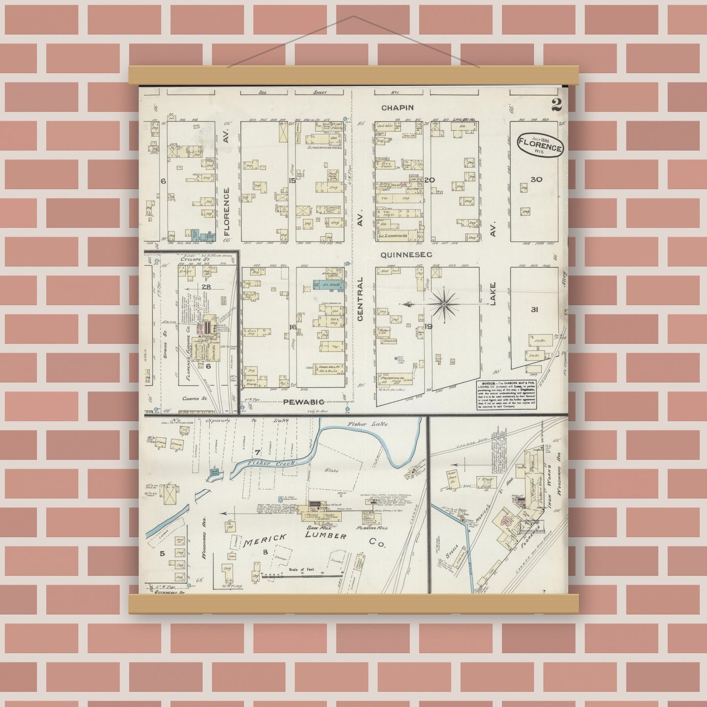 Old map wall art mockup — magnetic wood frame on brick wall — Sanborn Fire Insurance Map from Florence, Florence County, Wisconsin (1884), Sheet #0002