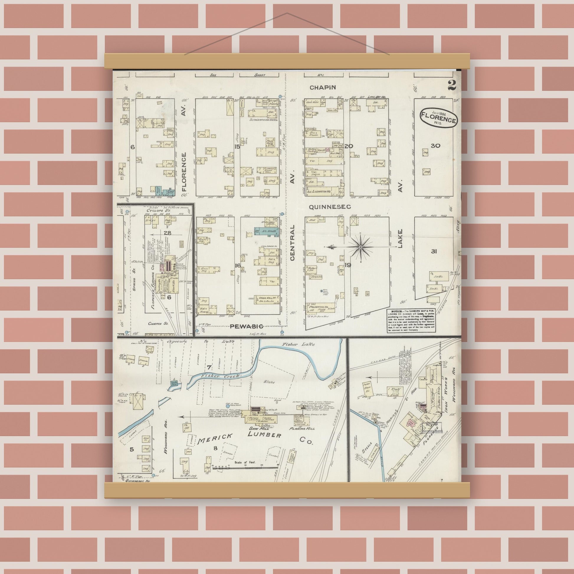 Old map wall art mockup — magnetic wood frame on brick wall — Sanborn Fire Insurance Map from Florence, Florence County, Wisconsin (1884), Sheet #0002