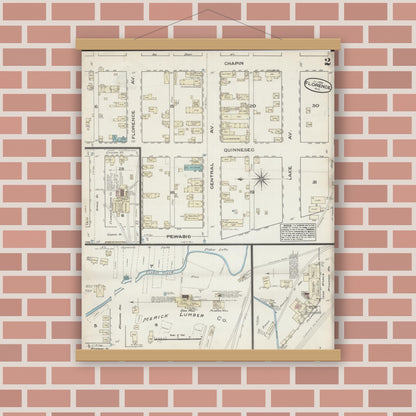 Old map wall art mockup — magnetic wood frame on brick wall — Sanborn Fire Insurance Map from Florence, Florence County, Wisconsin (1884), Sheet #0002