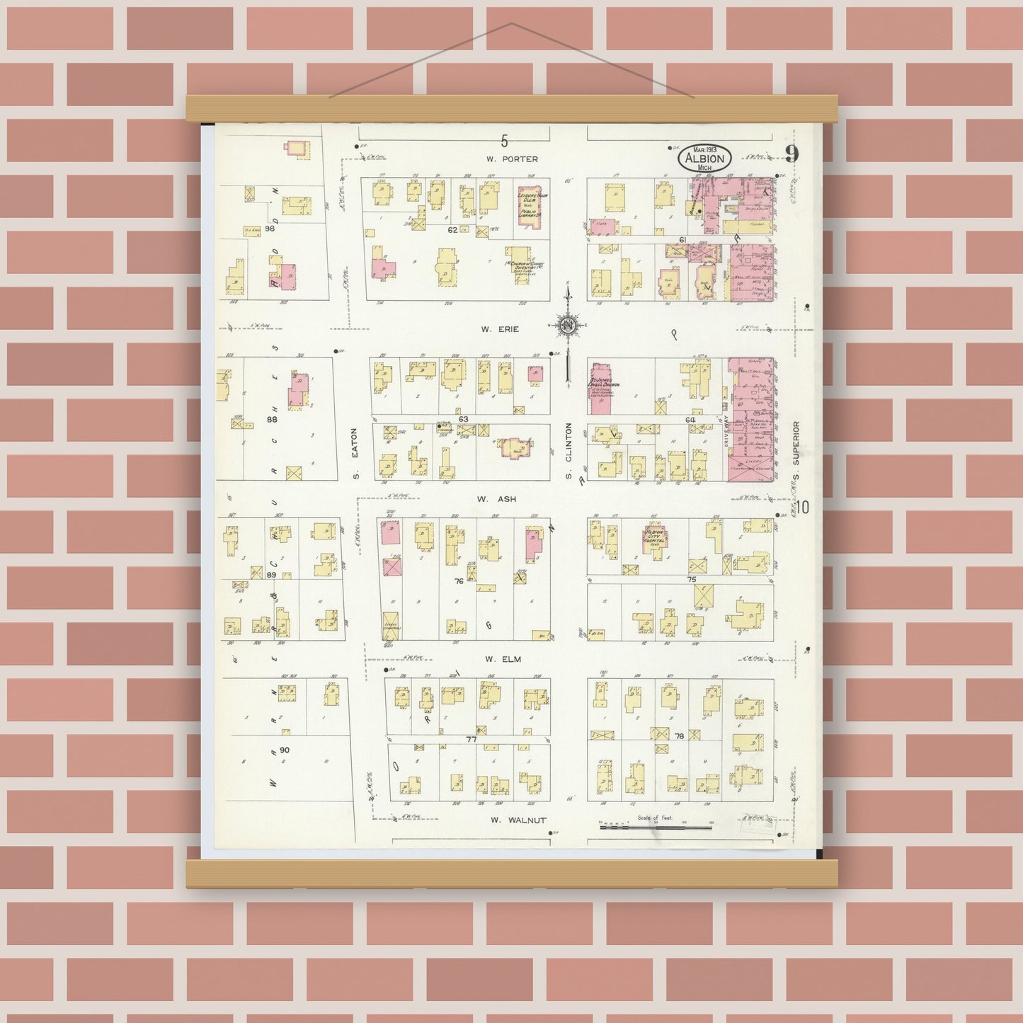 Old map wall art mockup — magnetic wood frame on brick wall — Sanborn Fire Insurance Map from Albion, Calhoun County, Michigan (1913), Sheet #0009