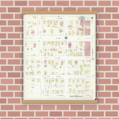 Old map wall art mockup — magnetic wood frame on brick wall — Sanborn Fire Insurance Map from Albion, Calhoun County, Michigan (1913), Sheet #0009