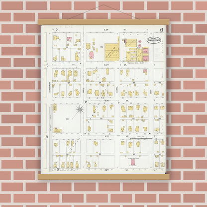 Old map wall art mockup — magnetic wood frame on brick wall — Sanborn Fire Insurance Map from Beardstown, Cass County, Illinois (1900), Sheet #0006