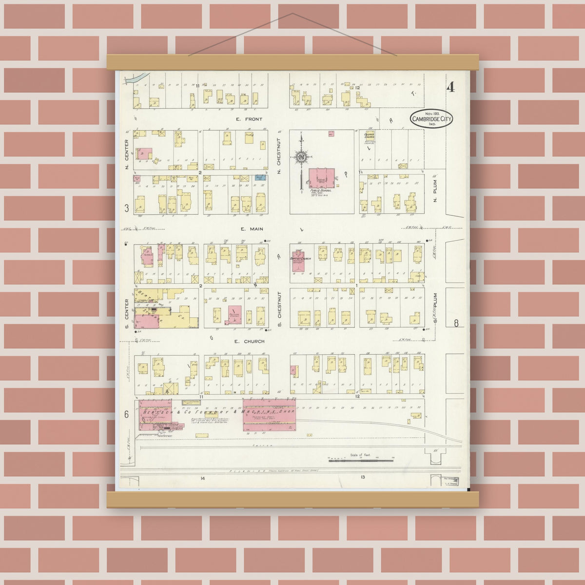 Old map wall art mockup — magnetic wood frame on brick wall — Sanborn Fire Insurance Map from Cambridge City, Wayne County, Indiana (1913), Sheet #0004