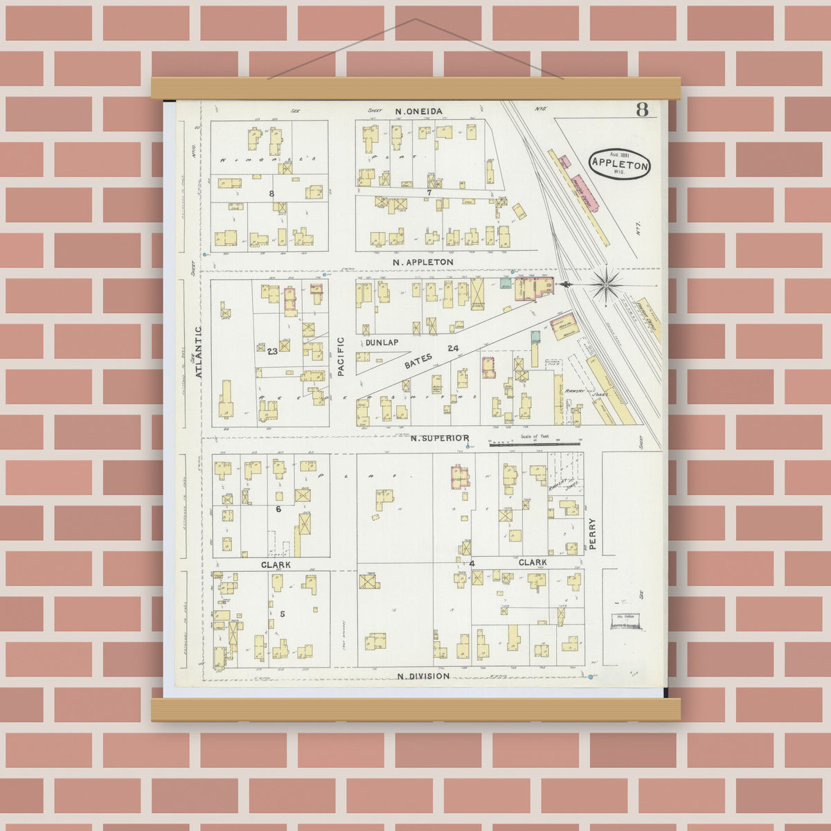 Old map wall art mockup — magnetic wood frame on brick wall — Sanborn Fire Insurance Map from Appleton, Outagamie County, Wisconsin (1891), Sheet #0008
