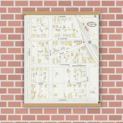 Old map wall art mockup — magnetic wood frame on brick wall — Sanborn Fire Insurance Map from Appleton, Outagamie County, Wisconsin (1891), Sheet #0008