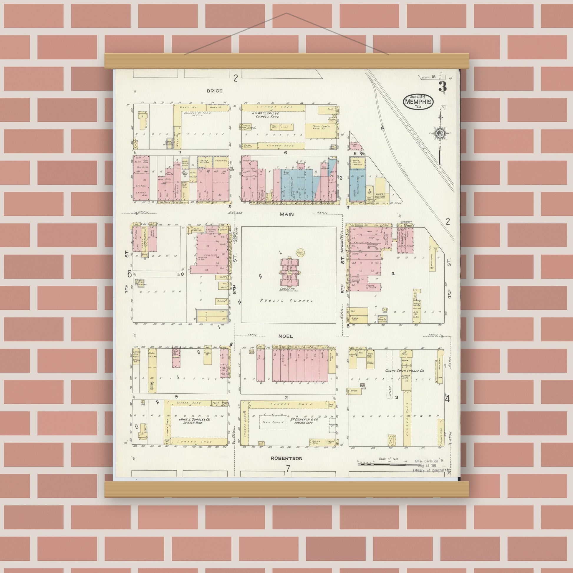 Old map wall art mockup — magnetic wood frame on brick wall — Sanborn Fire Insurance Map from Memphis, Hall County, Texas (1914), Sheet #0003