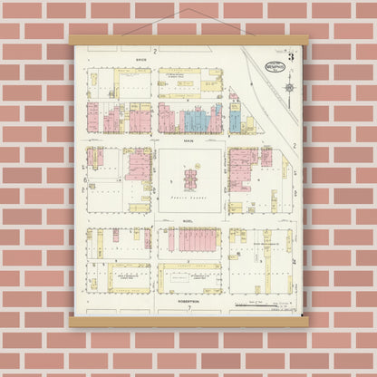 Old map wall art mockup — magnetic wood frame on brick wall — Sanborn Fire Insurance Map from Memphis, Hall County, Texas (1914), Sheet #0003