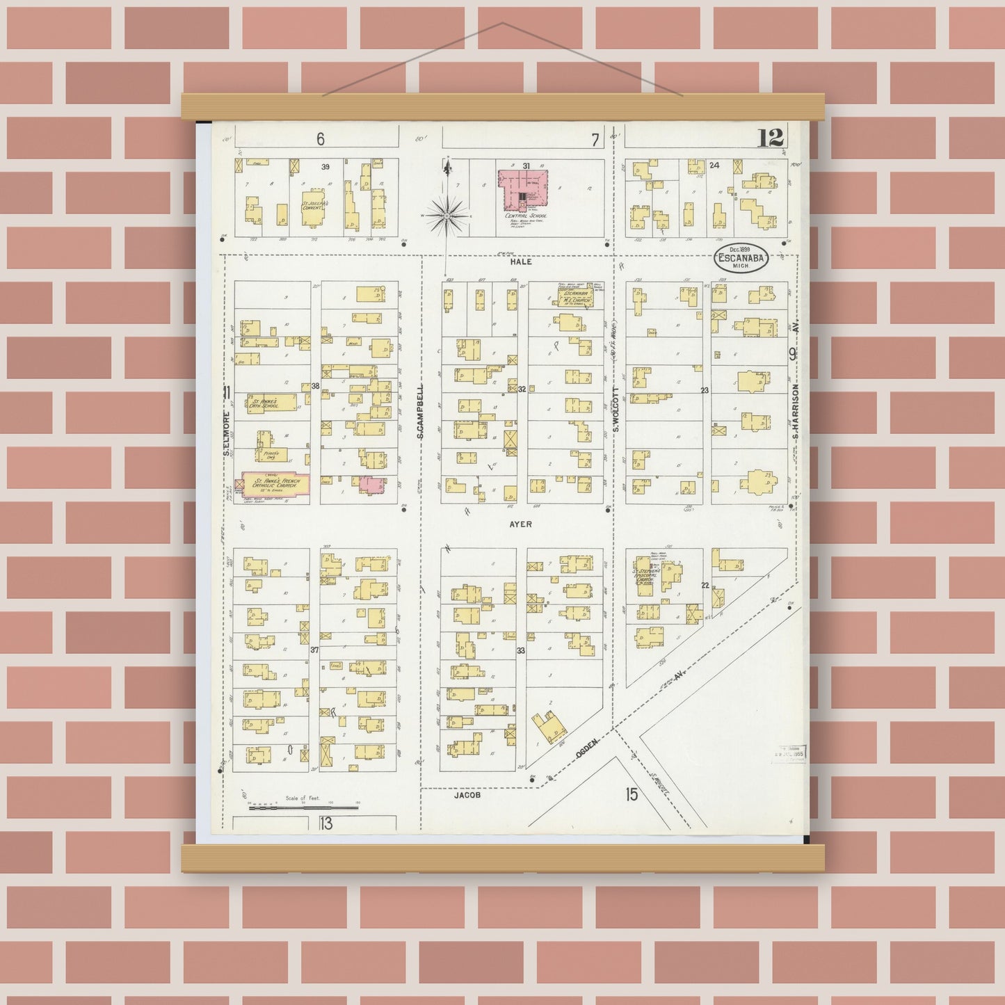 Old map wall art mockup — magnetic wood frame on brick wall — Sanborn Fire Insurance Map from Escanaba, Delta County, Michigan (1899), Sheet #0012