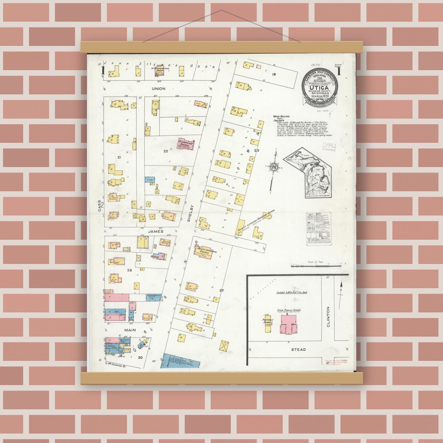 Old map wall art mockup — magnetic wood frame on brick wall — Sanborn Fire Insurance Map from Utica, Macomb County, Michigan (1926), Sheet #0001