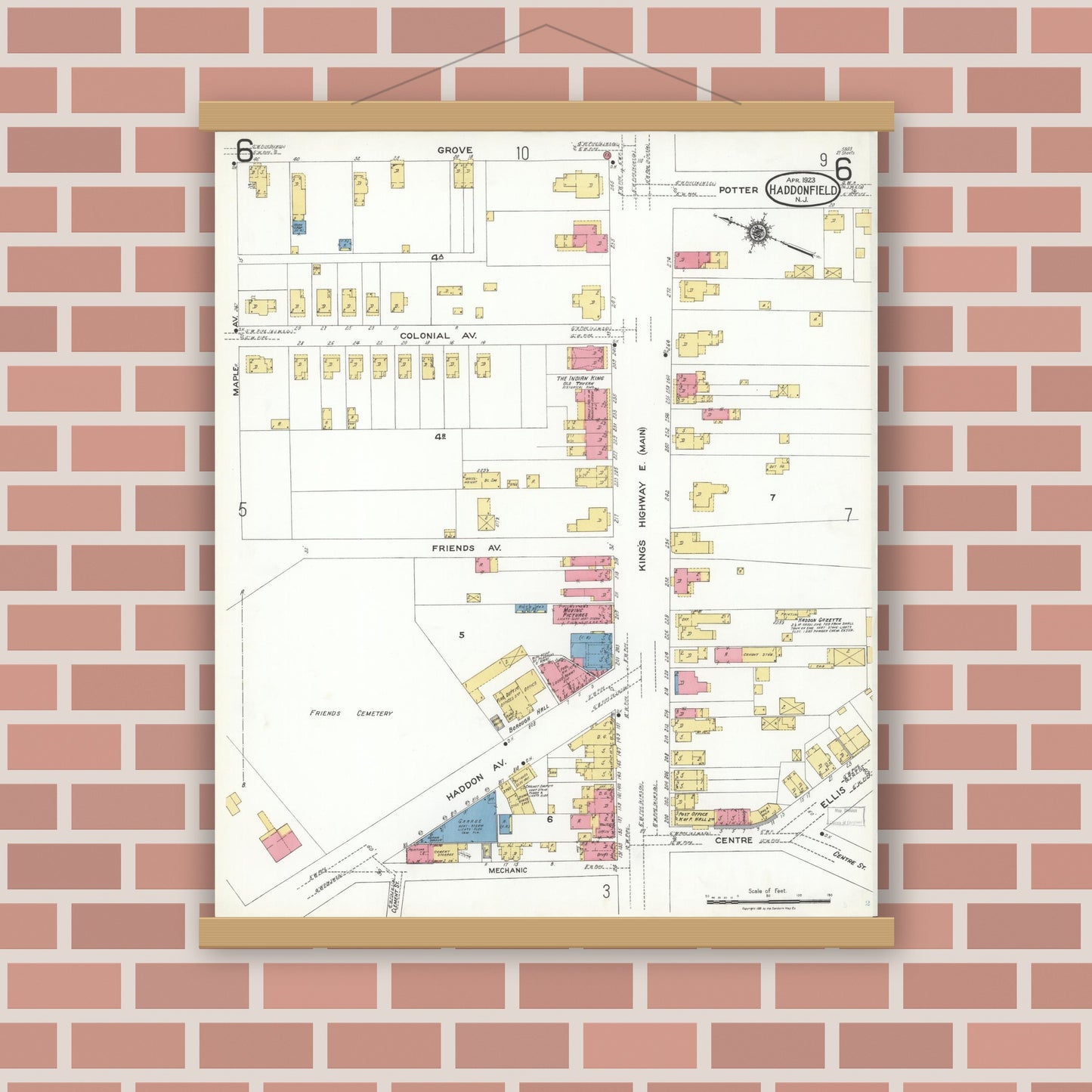 Old map wall art mockup — magnetic wood frame on brick wall — Sanborn Fire Insurance Map from Haddonfield, Camden County, New Jersey (1923), Sheet #0006