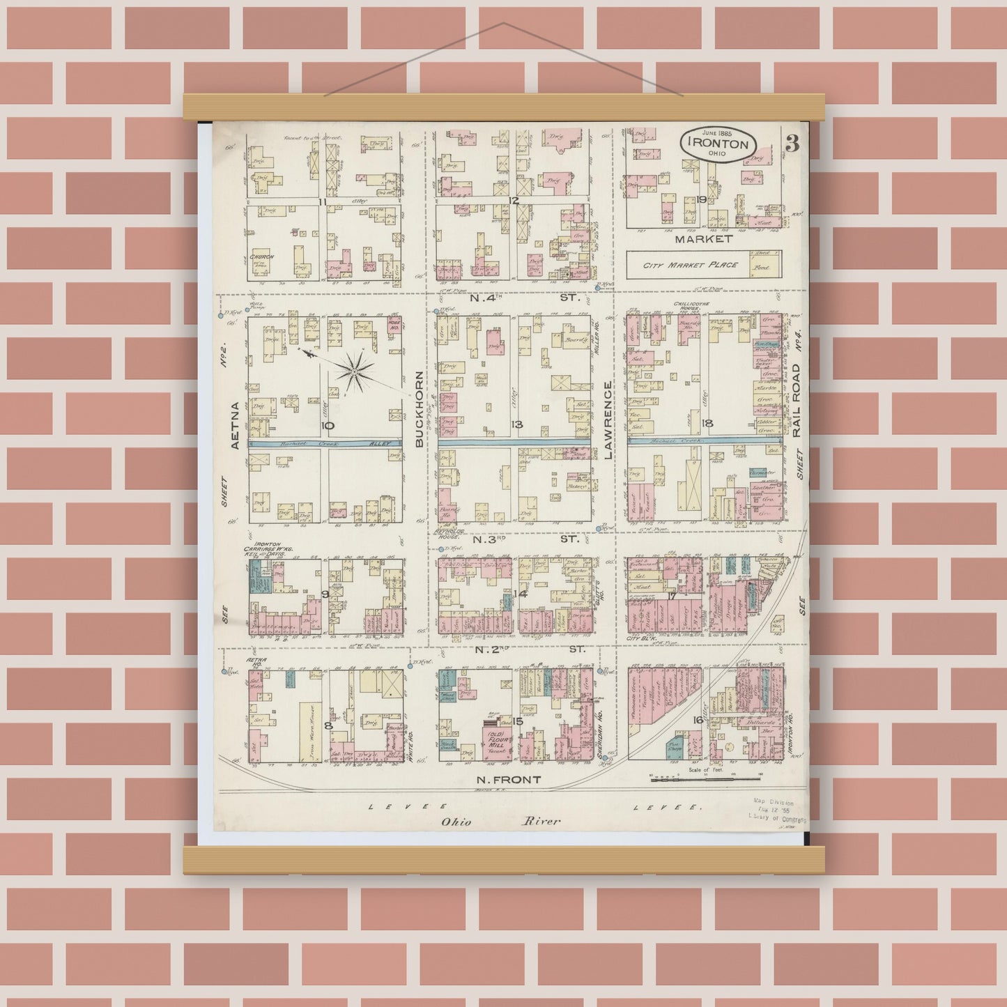 Old map wall art mockup — magnetic wood frame on brick wall — Sanborn Fire Insurance Map from Ironton, Lawrence County, Ohio (1885), Sheet #0003