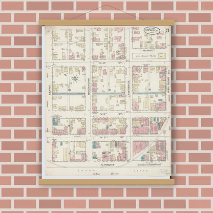 Old map wall art mockup — magnetic wood frame on brick wall — Sanborn Fire Insurance Map from Ironton, Lawrence County, Ohio (1885), Sheet #0003