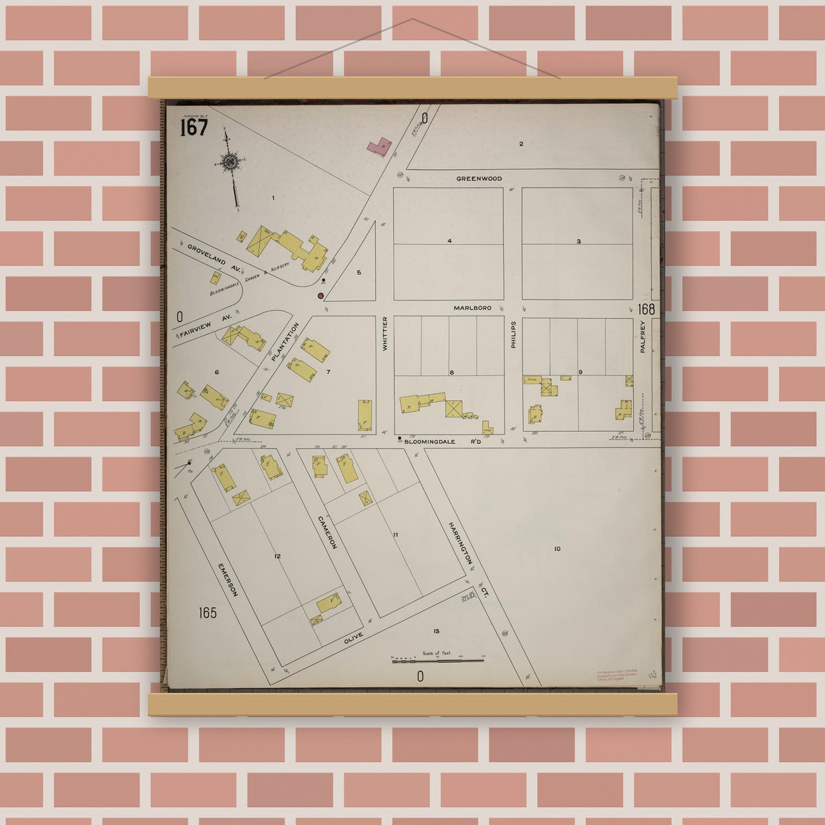 Old map wall art mockup — magnetic wood frame on brick wall — Sanborn Fire Insurance Map from Worcester, Worcester County, Massachusetts (1910), Sheet #0167