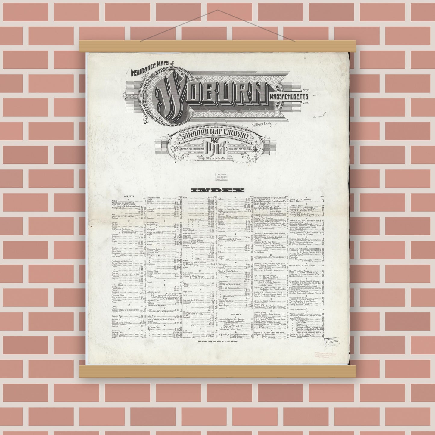 Old map wall art mockup — magnetic wood frame on brick wall — Sanborn Fire Insurance Map from Woburn, Middlesex County, Massachusetts (1918), Sheet #0001