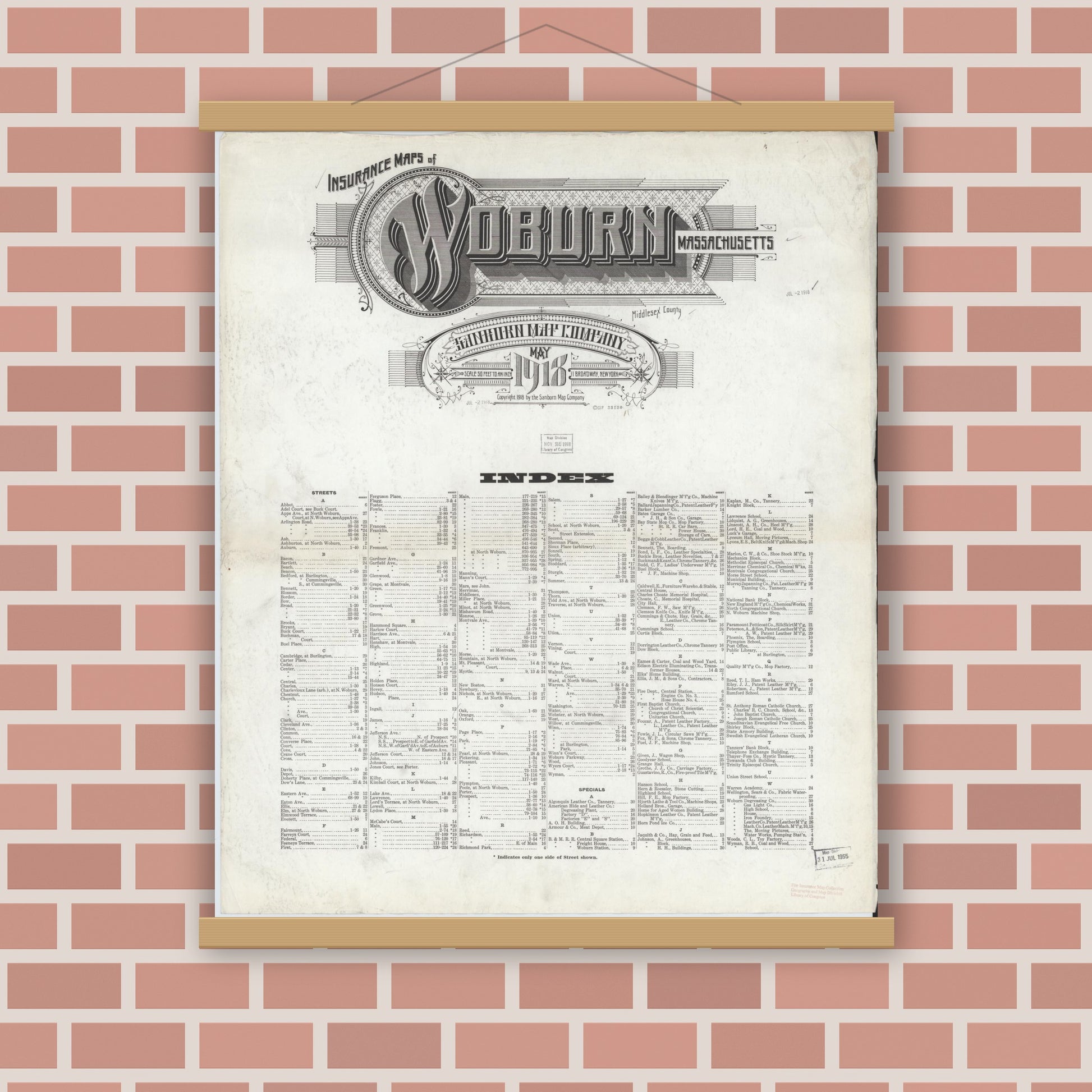 Old map wall art mockup — magnetic wood frame on brick wall — Sanborn Fire Insurance Map from Woburn, Middlesex County, Massachusetts (1918), Sheet #0001