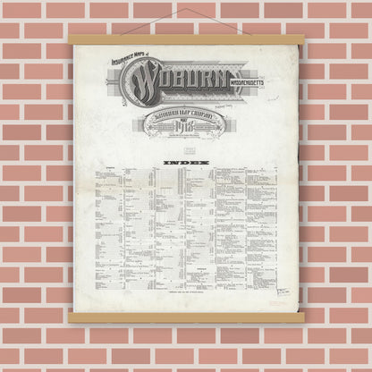 Old map wall art mockup — magnetic wood frame on brick wall — Sanborn Fire Insurance Map from Woburn, Middlesex County, Massachusetts (1918), Sheet #0001
