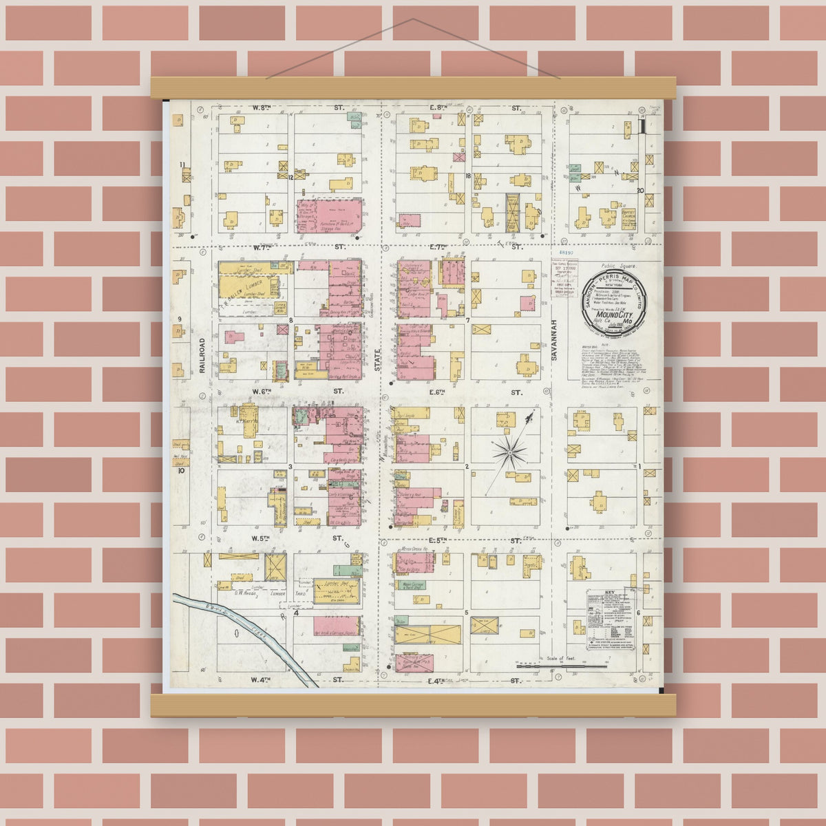 Old map wall art mockup — magnetic wood frame on brick wall — Sanborn Fire Insurance Map from Mound City, Holt County, Missouri (1900) - Complete Map Set