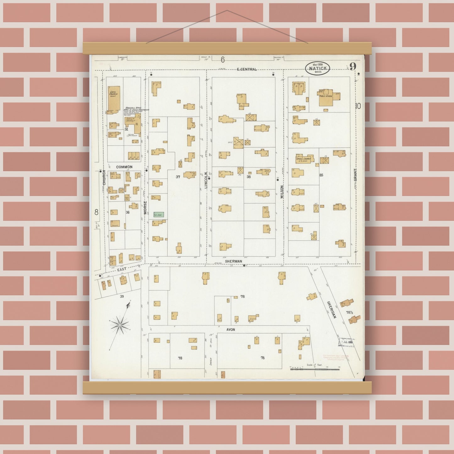 Old map wall art mockup — magnetic wood frame on brick wall — Sanborn Fire Insurance Map from Natick, Middlesex County, Massachusetts (1899), Sheet #0009