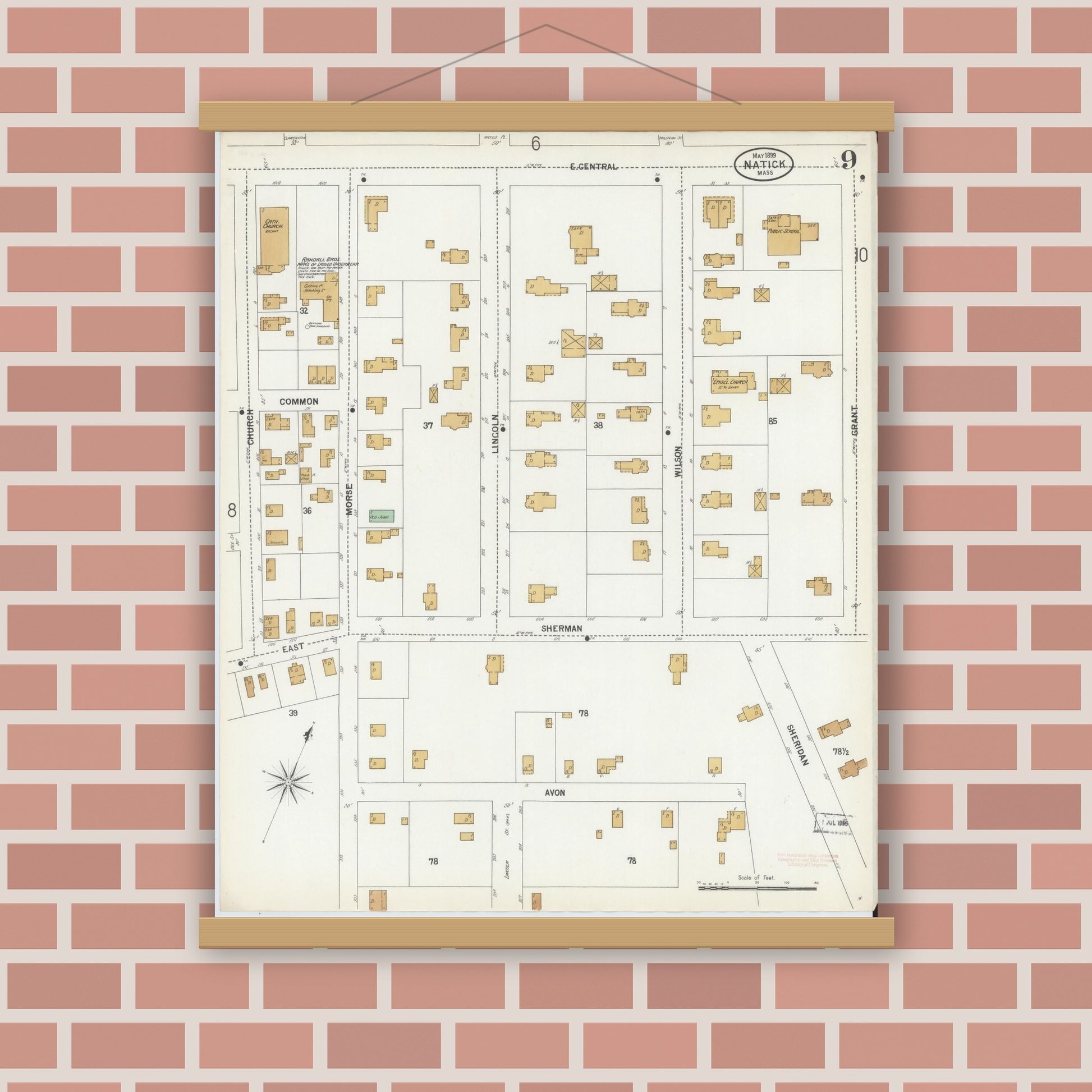 Old map wall art mockup — magnetic wood frame on brick wall — Sanborn Fire Insurance Map from Natick, Middlesex County, Massachusetts (1899), Sheet #0009