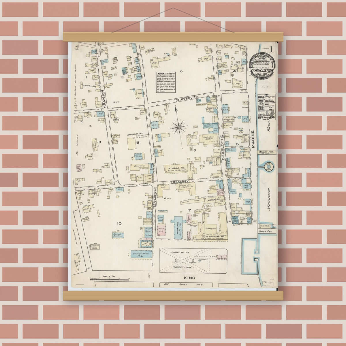 Old map wall art mockup — magnetic wood frame on brick wall — Sanborn Fire Insurance Map from Saint Augustine, Saint John's County, Florida (1884), Sheet #0001