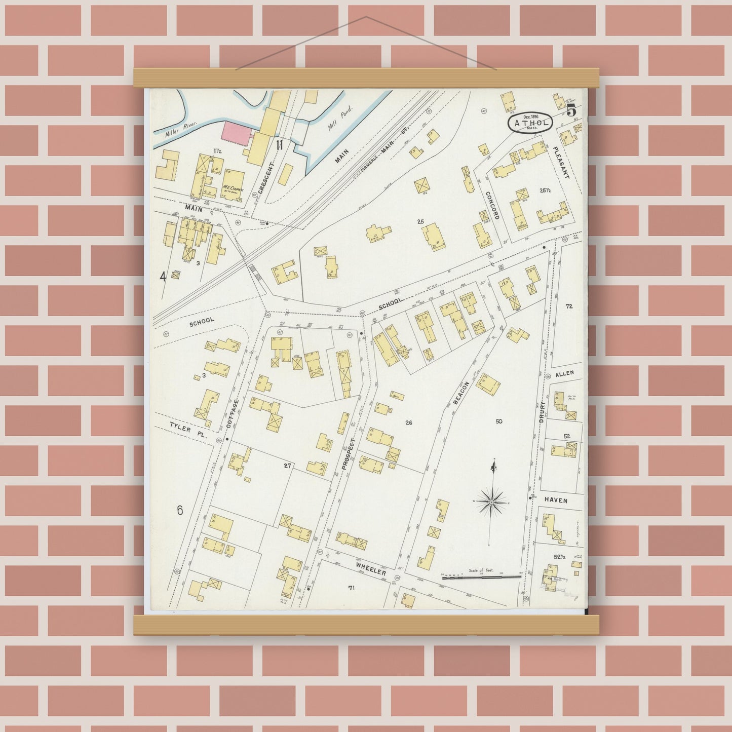 Old map wall art mockup — magnetic wood frame on brick wall — Sanborn Fire Insurance Map from Athol, Worcester County, Massachusetts (1896), Sheet #0005