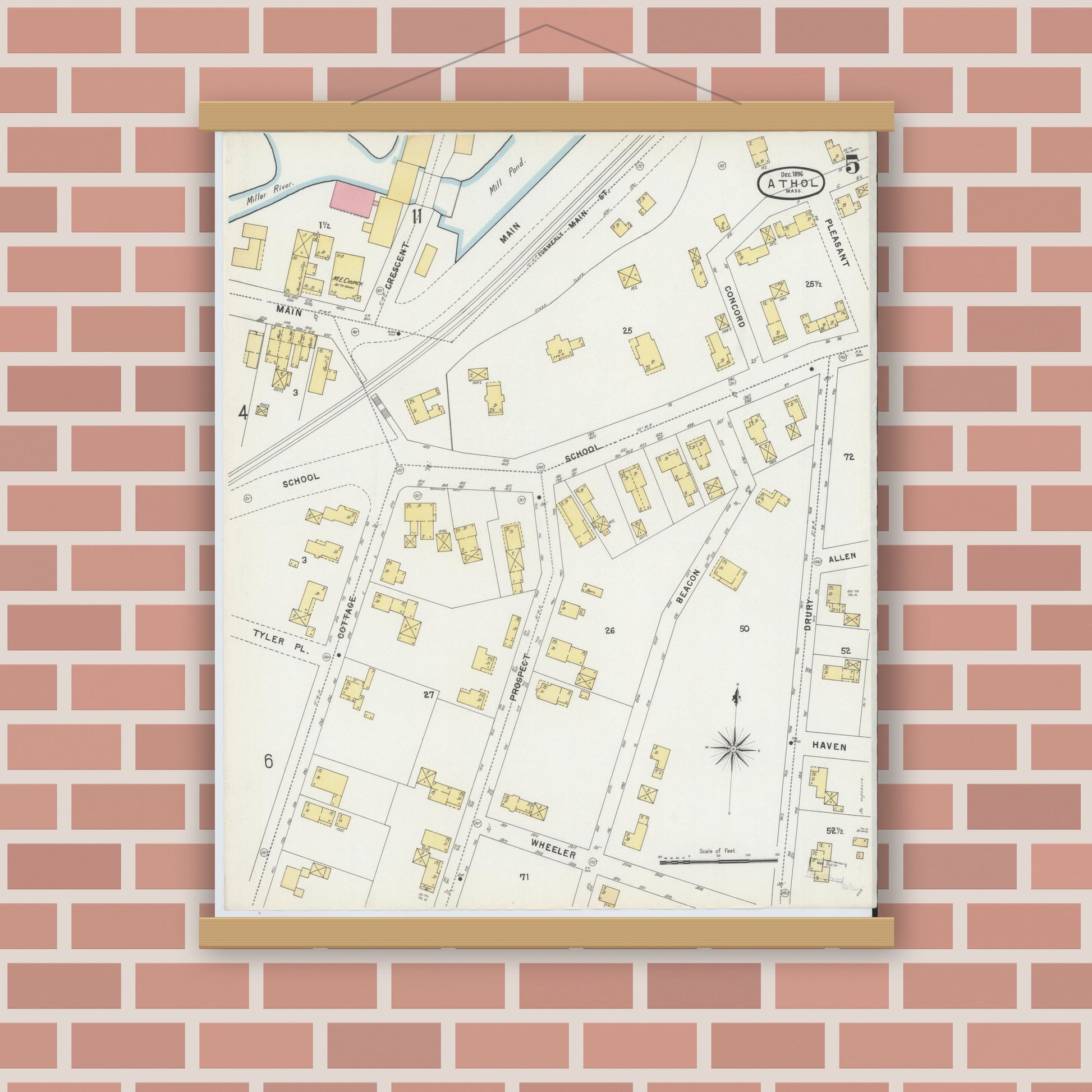 Old map wall art mockup — magnetic wood frame on brick wall — Sanborn Fire Insurance Map from Athol, Worcester County, Massachusetts (1896), Sheet #0005