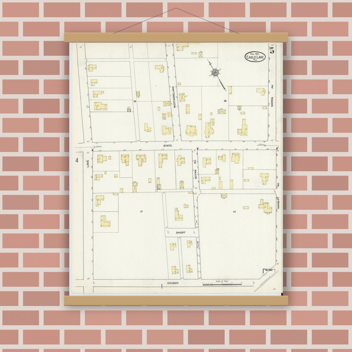 Old map wall art mockup — magnetic wood frame on brick wall — Sanborn Fire Insurance Map from Eagle Lake, Colorado County, Texas (1912), Sheet #0005