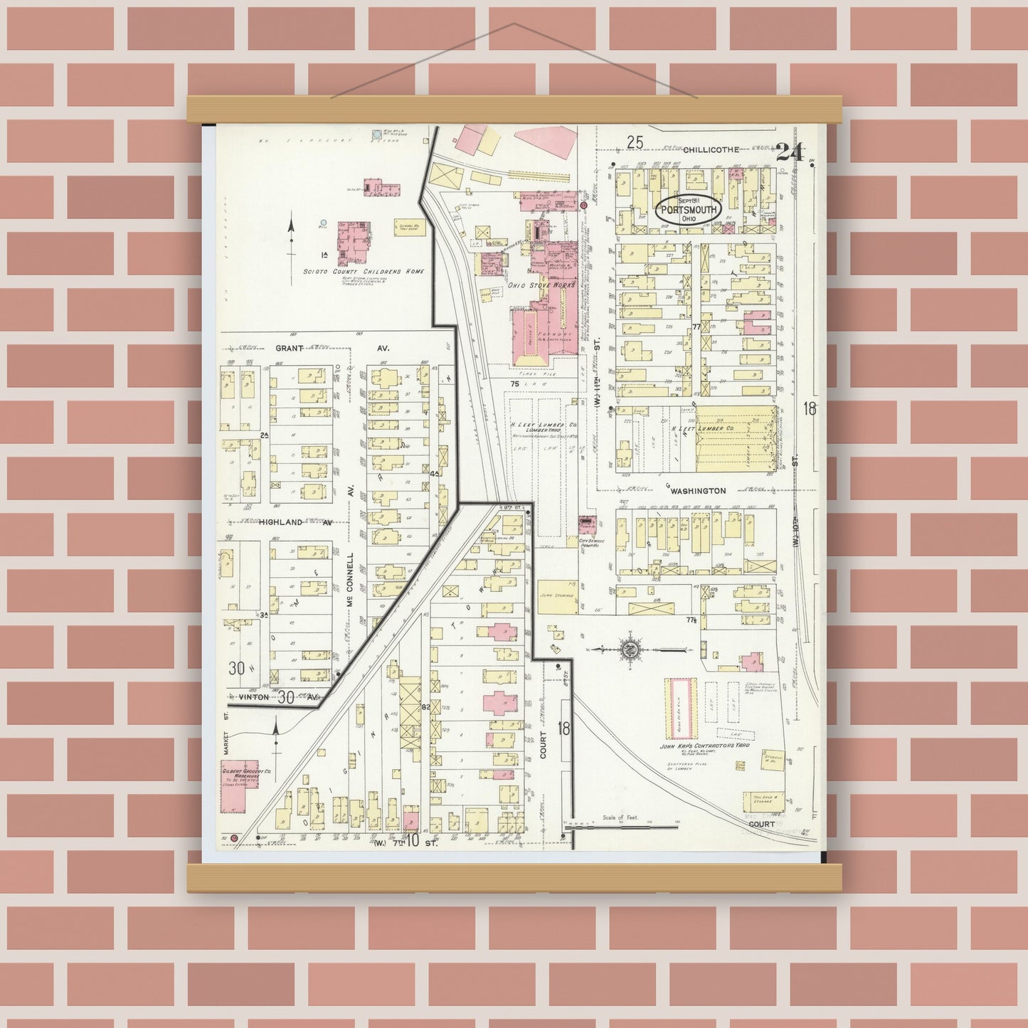 Old map wall art mockup — magnetic wood frame on brick wall — Sanborn Fire Insurance Map from Portsmouth, Scioto County, Ohio (1911), Sheet #0024