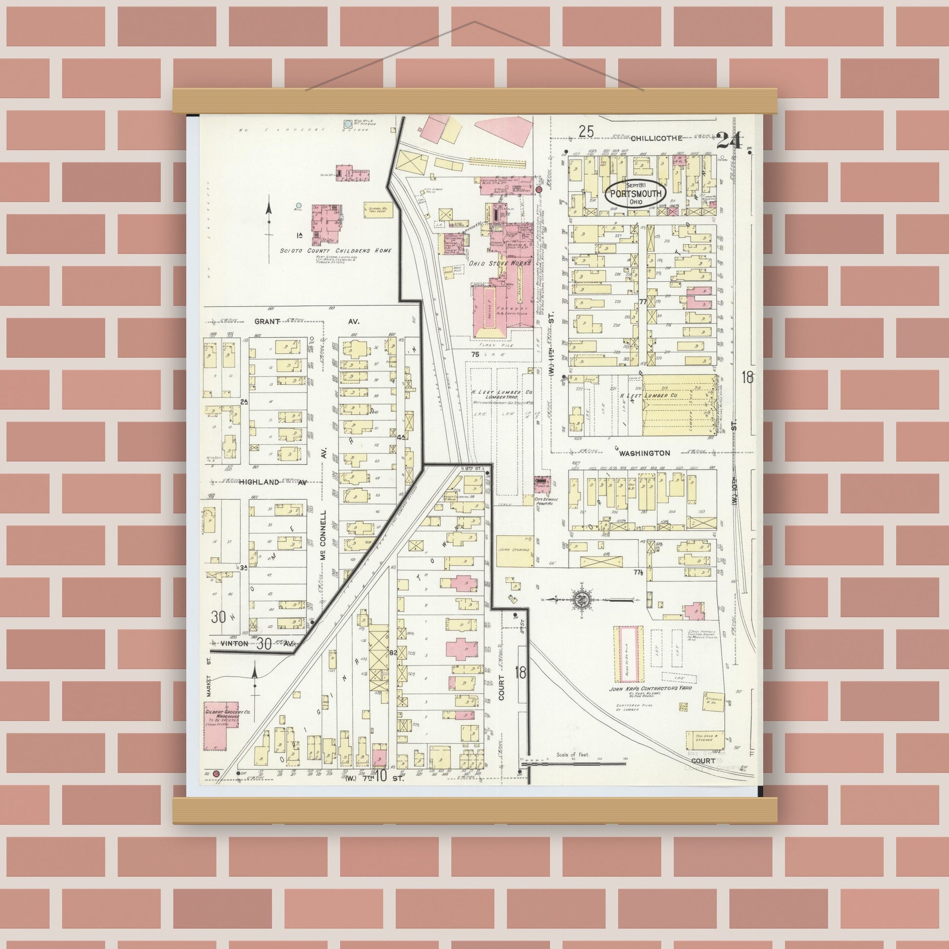 Old map wall art mockup — magnetic wood frame on brick wall — Sanborn Fire Insurance Map from Portsmouth, Scioto County, Ohio (1911), Sheet #0024