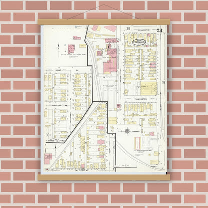 Old map wall art mockup — magnetic wood frame on brick wall — Sanborn Fire Insurance Map from Portsmouth, Scioto County, Ohio (1911), Sheet #0024