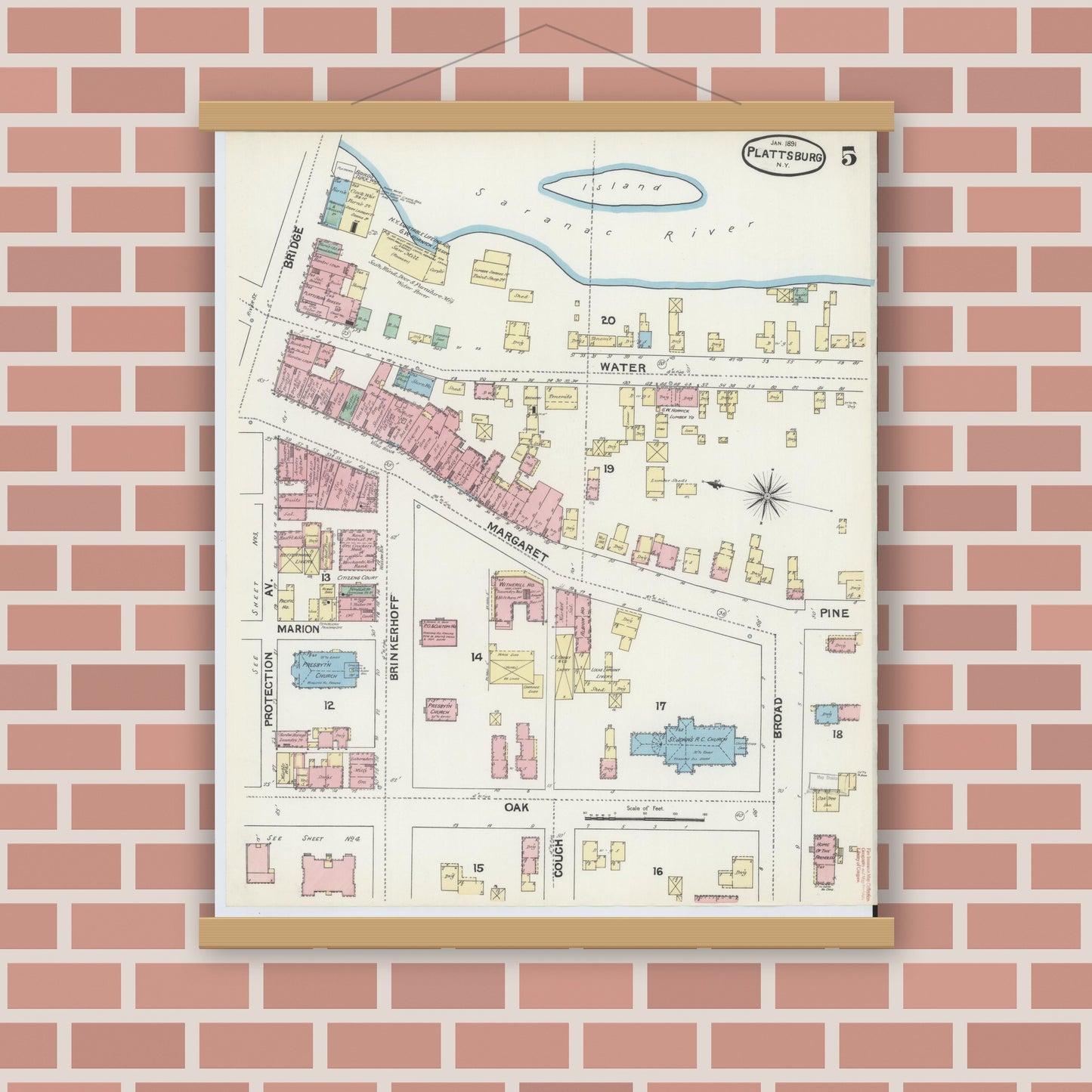 Old map wall art mockup — magnetic wood frame on brick wall — Sanborn Fire Insurance Map from Plattsburg, Clinton County, New York (1891), Sheet #0005