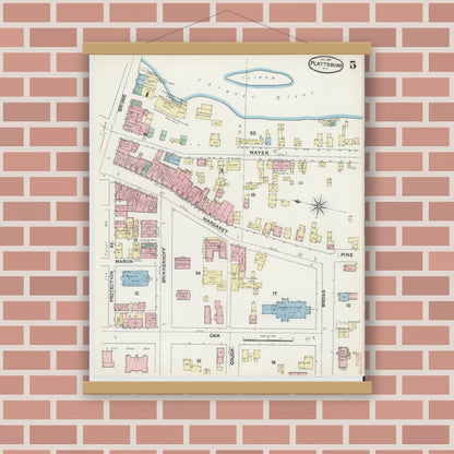 Old map wall art mockup — magnetic wood frame on brick wall — Sanborn Fire Insurance Map from Plattsburg, Clinton County, New York (1891), Sheet #0005