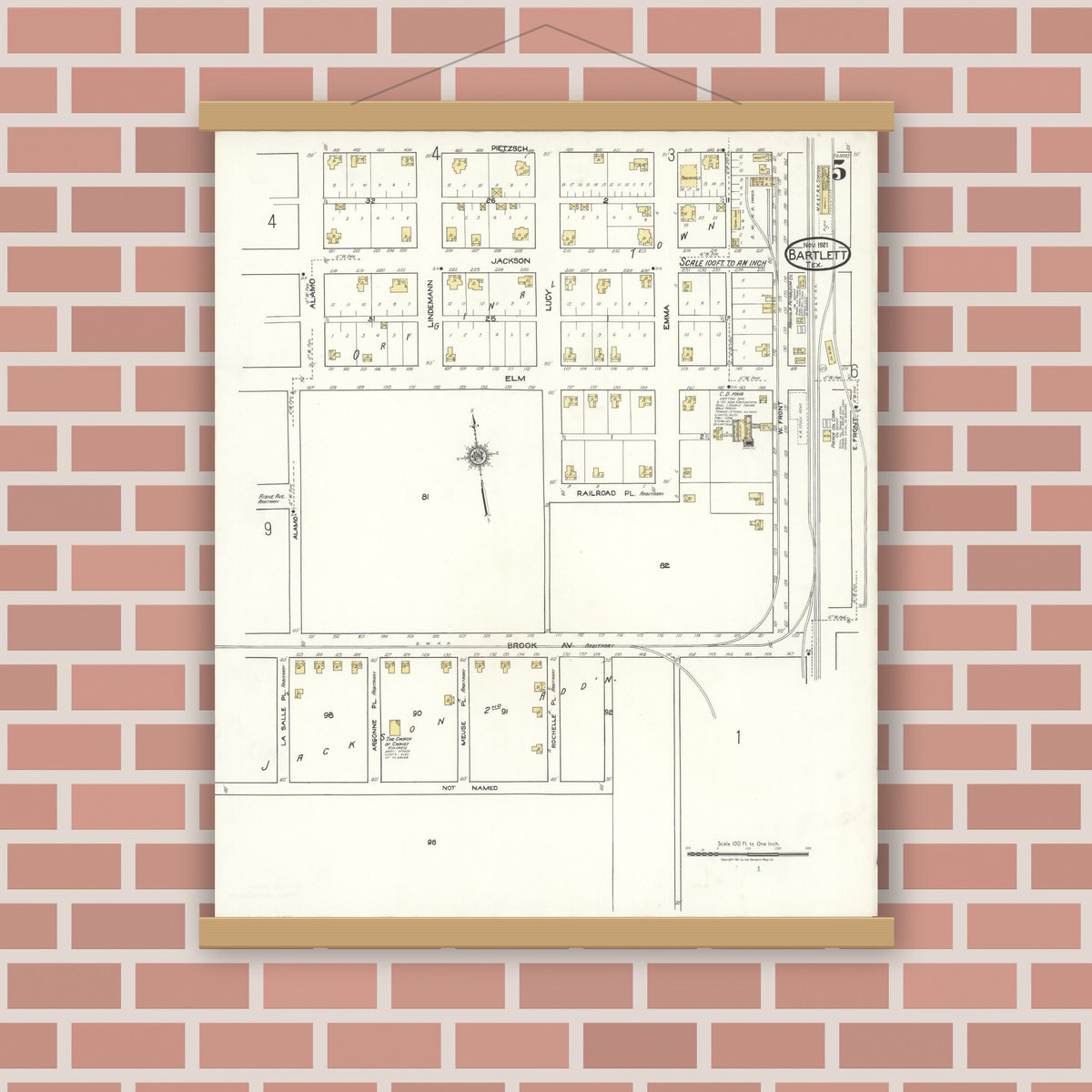Old map wall art mockup — magnetic wood frame on brick wall — Sanborn Fire Insurance Map from Bartlett, Bell and Williamson Counties, Texas (1921), Sheet #0005