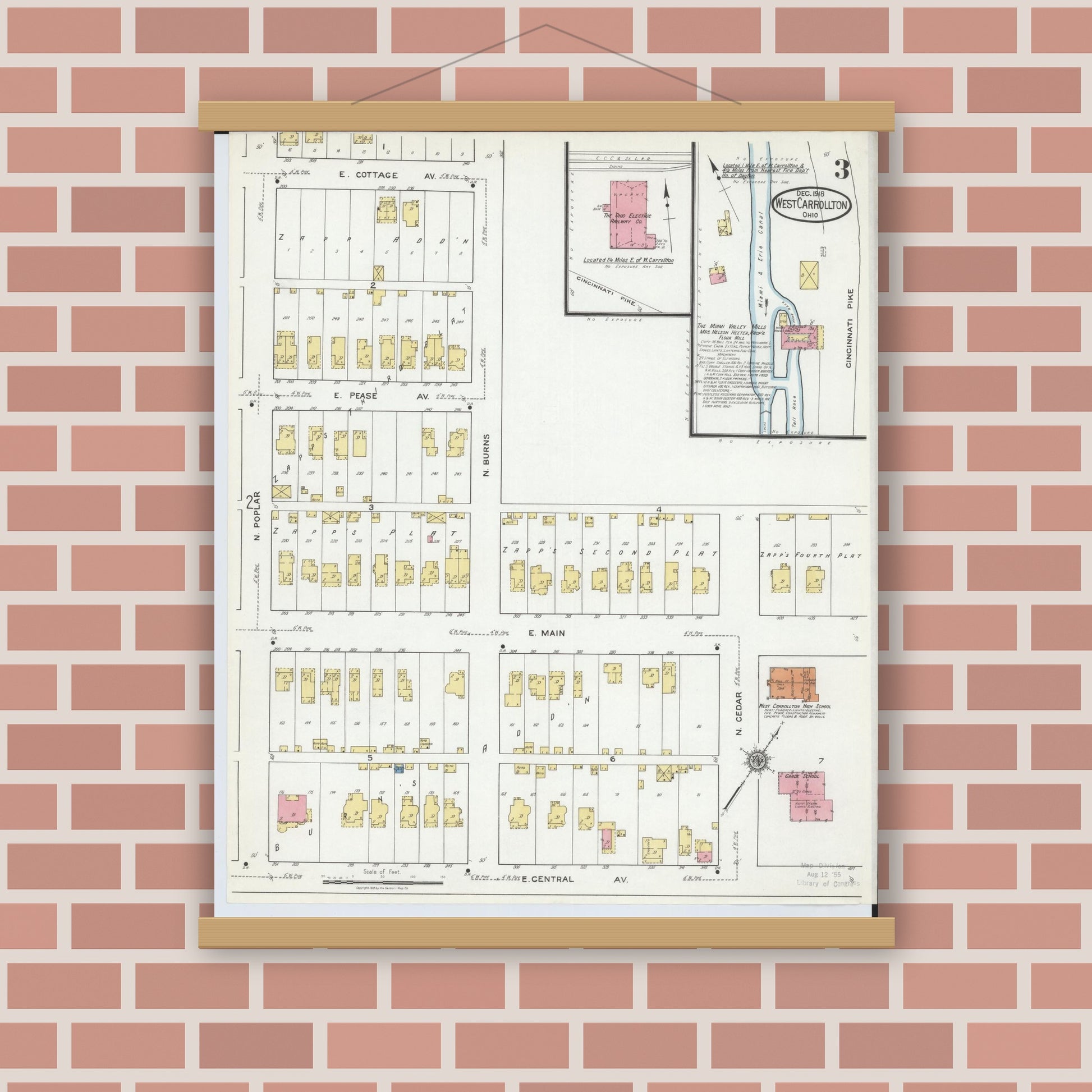 Old map wall art mockup — magnetic wood frame on brick wall — Sanborn Fire Insurance Map from West Carrollton, Montgomery County, Ohio (1918), Sheet #0003