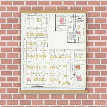 Old map wall art mockup — magnetic wood frame on brick wall — Sanborn Fire Insurance Map from West Carrollton, Montgomery County, Ohio (1918), Sheet #0003