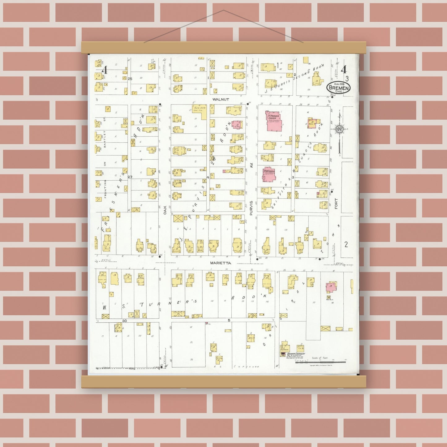 Old map wall art mockup — magnetic wood frame on brick wall — Sanborn Fire Insurance Map from Bremen, Fairfield County, Ohio (1926), Sheet #0004