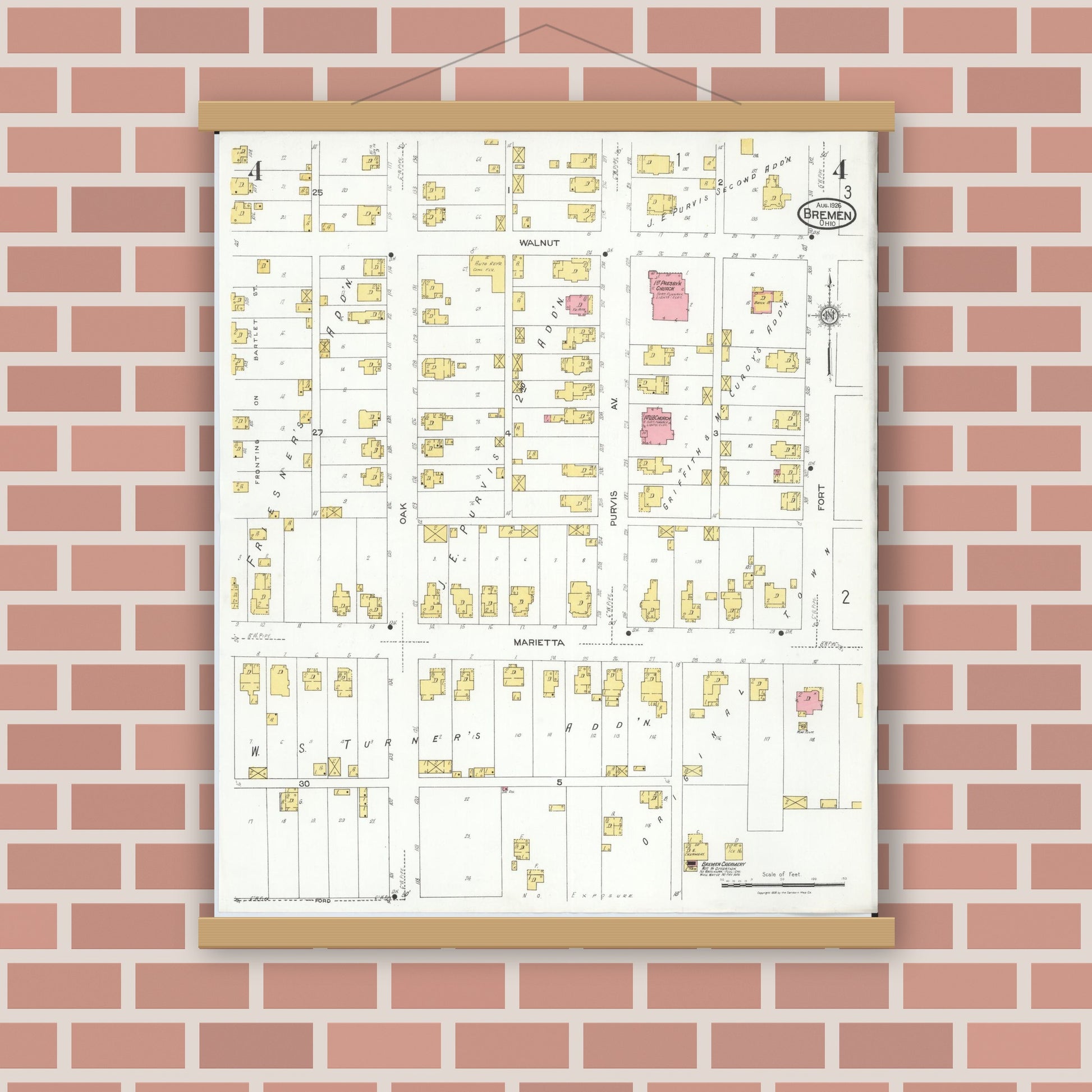 Old map wall art mockup — magnetic wood frame on brick wall — Sanborn Fire Insurance Map from Bremen, Fairfield County, Ohio (1926), Sheet #0004