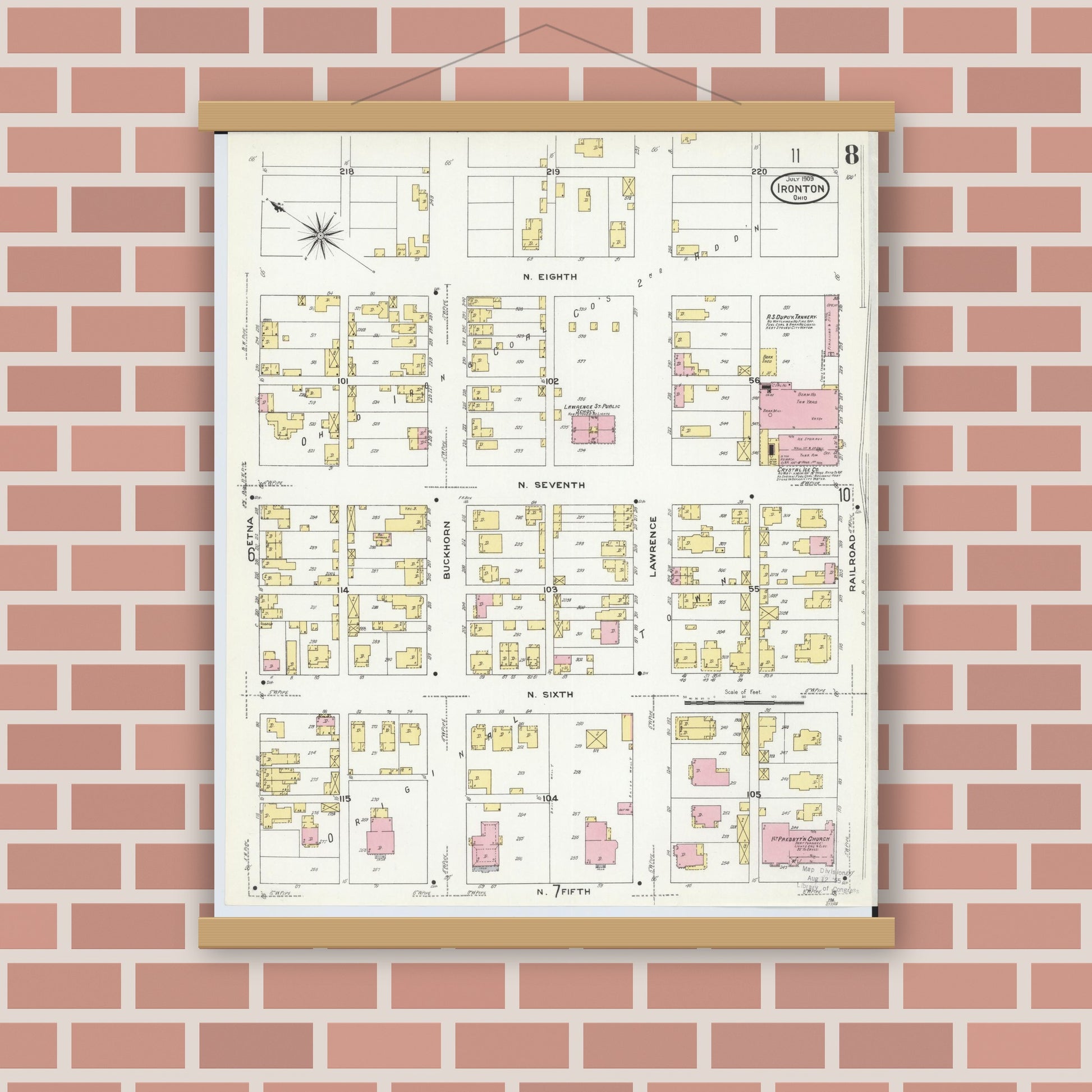 Old map wall art mockup — magnetic wood frame on brick wall — Sanborn Fire Insurance Map from Ironton, Lawrence County, Ohio (1909), Sheet #0008
