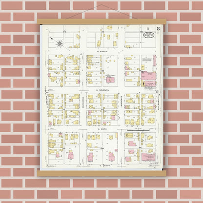 Old map wall art mockup — magnetic wood frame on brick wall — Sanborn Fire Insurance Map from Ironton, Lawrence County, Ohio (1909), Sheet #0008