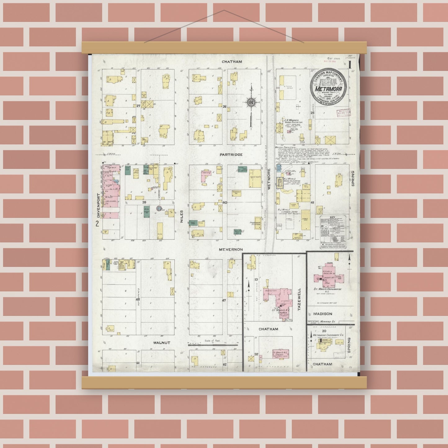Old map wall art mockup — magnetic wood frame on brick wall — Sanborn Fire Insurance Map from Metamora, Woodford County, Illinois (1910) - Complete Map Set