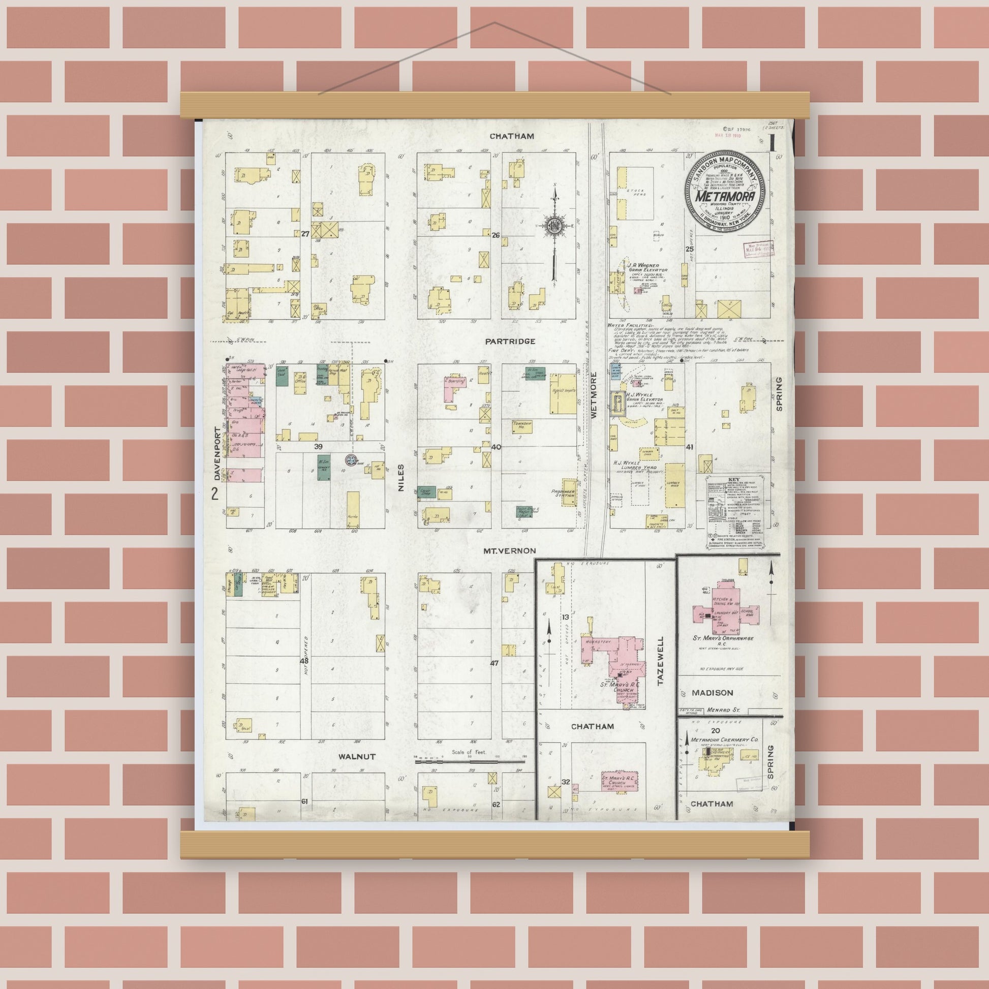 Old map wall art mockup — magnetic wood frame on brick wall — Sanborn Fire Insurance Map from Metamora, Woodford County, Illinois (1910) - Complete Map Set