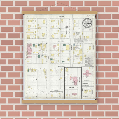 Old map wall art mockup — magnetic wood frame on brick wall — Sanborn Fire Insurance Map from Metamora, Woodford County, Illinois (1910) - Complete Map Set