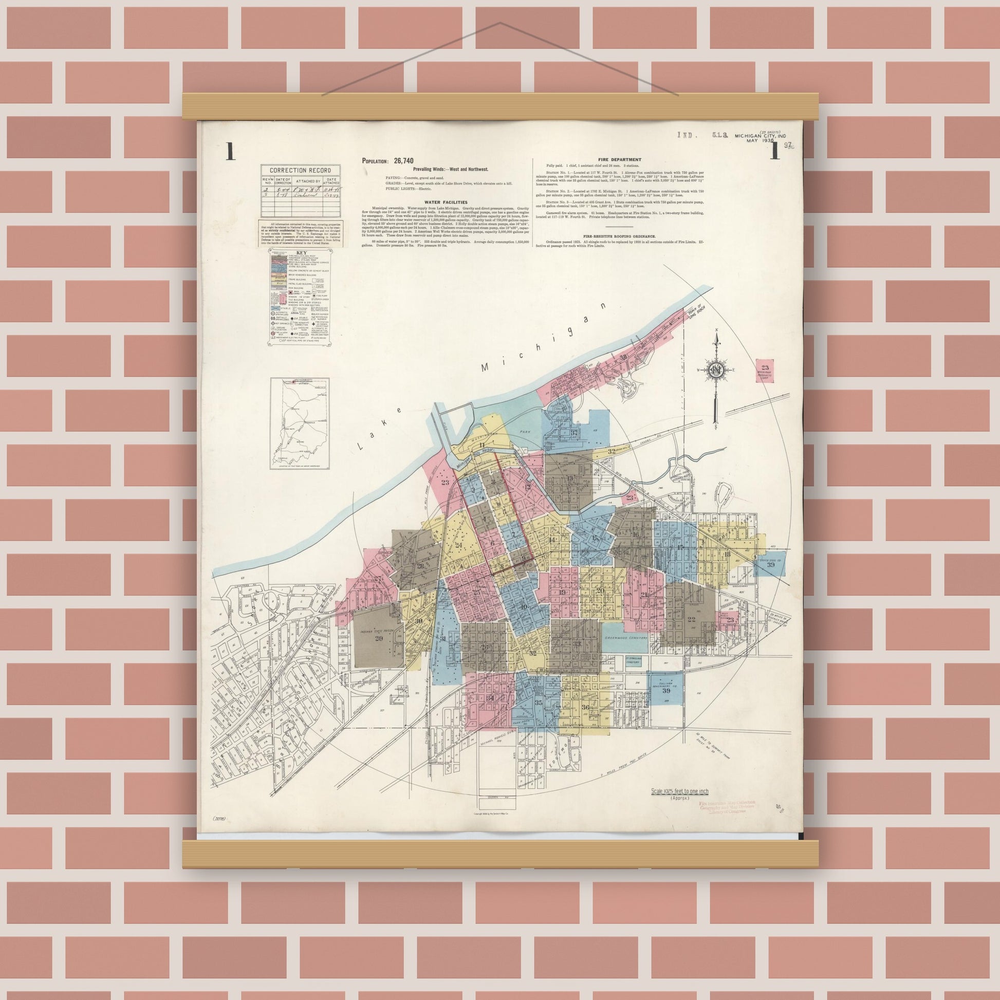 Old map wall art mockup — magnetic wood frame on brick wall — Sanborn Fire Insurance Map from Michigan City, La Porte County, Indiana (1948) - Complete Map Set