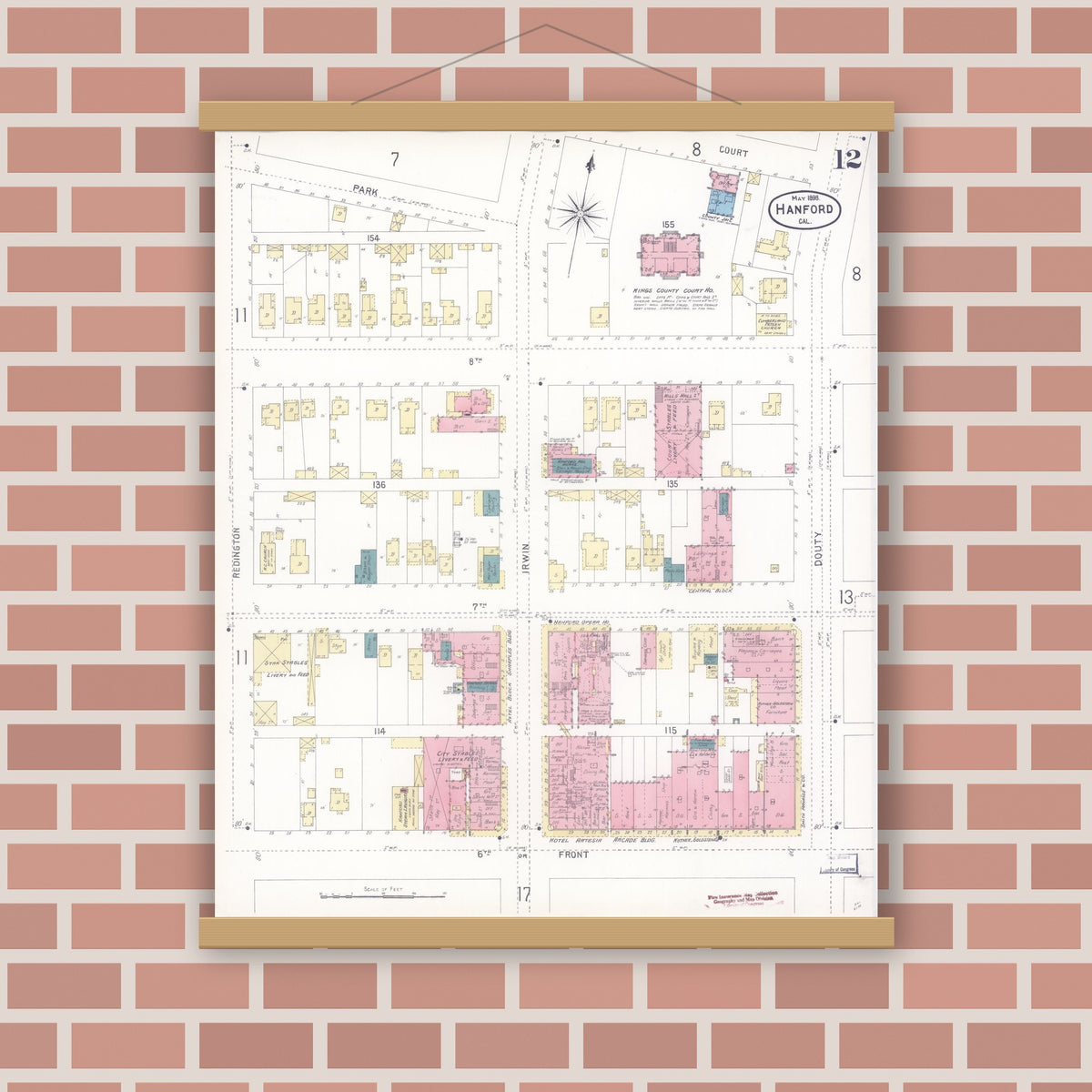 Old map wall art mockup — magnetic wood frame on brick wall — Sanborn Fire Insurance Map from Hanford, Kings County, California (1898), Sheet #0012