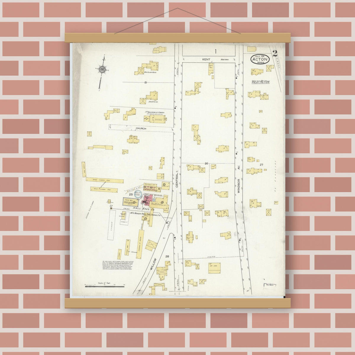 Old map wall art mockup — magnetic wood frame on brick wall — Sanborn Fire Insurance Map from Acton, Middlesex County, Massachusetts (1916), Sheet #0002
